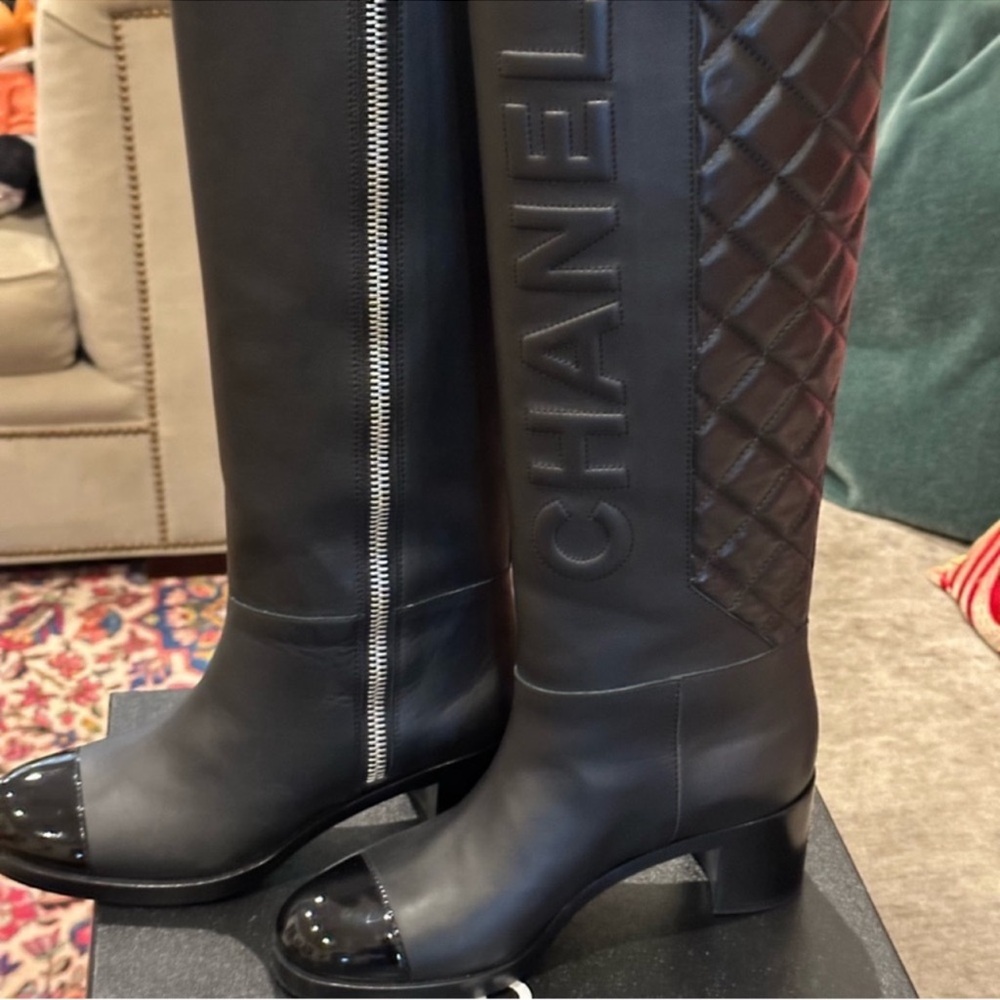 CHANEL Black Quilted Over the Knee Boots